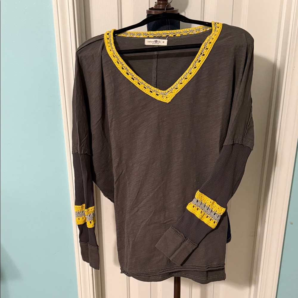 Free People Charcoal and Yellow Long Sleeve Top